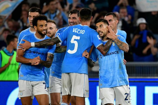 ROME, ITALY - OCTOBER 30: Mattia Zaccagni of SS Lazio celebrates the opening goal with his team mates during the Serie A match between SS Lazio and Salernitana at Stadio Olimpico on October 30, 2022 in Rome, Italy. (Photo by Marco Rosi - SS Lazio/Getty Images)
