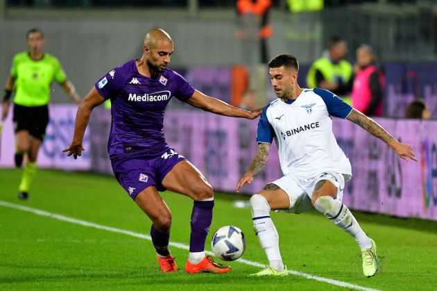 FLORENCE, ITALY - OCTOBER 10: Mattia Zaccagni of SS Lazio compete for the ball with Sofyan Amrabat of ACF Fiorentina during the Serie A match between ACF Fiorentina and SS Lazio at Stadio Artemio Franchi on October 10, 2022 in Florence, Italy. (Photo by Marco Rosi - SS Lazio/Getty Images)