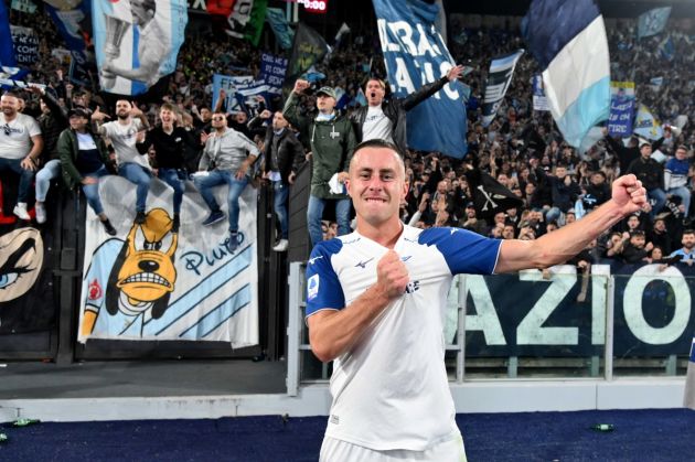 ROME, ITALY - NOVEMBER 06: Adam Marusic of SS Lazio celebrates a victory after the Serie A match between AS Roma and SS Lazio at Stadio Olimpico on November 06, 2022 in Rome, Italy. (Photo by Marco Rosi - SS Lazio/Getty Images)