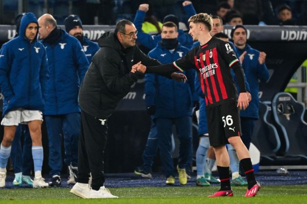 Lazio's Italian coach Maurizio Sarri (L) shakes hand with AC Milan's Belgian forward Alexis Saelemaekers at the end of during the Italian Serie A football match between Lazio and AC Milan on January 24, 2023 at the Olympic stadium in Rome. (Photo by Andreas SOLARO / AFP) (Photo by ANDREAS SOLARO/AFP via Getty Images)