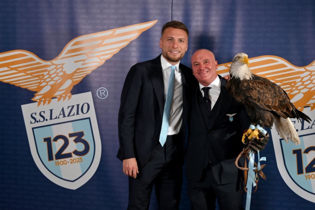 ROME, ITALY - JANUARY 09: Ciro Immobile poses with the symbol of the SS Lazio the Olimpia eagleas SS Lazio celebrate 123 years at the Rome Cavalieri on January 09, 2023 in Rome, Italy. (Photo by Marco Rosi - SS Lazio/Getty Images)