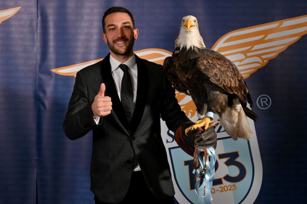 ROME, ITALY - JANUARY 09: Danilo Cataldi poses with the symbol of the SS Lazio the Olimpia eagleas SS Lazio celebrate 123 years at the Rome Cavalieri on January 09, 2023 in Rome, Italy. (Photo by Marco Rosi - SS Lazio/Getty Images)