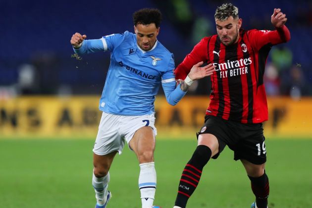 ROME, ITALY - APRIL 24: Felipe Anderson of SS Lazio battles for possession with Theo Hernandez of AC Milan during the Serie A match between SS Lazio and AC Milan at Stadio Olimpico on April 24, 2022 in Rome, Italy. (Photo by Paolo Bruno/Getty Images)