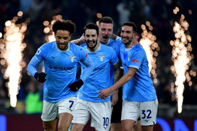 ROME, ITALY - JANUARY 24: Felipe Anderson of SS Lazio celebrates scoring his team's fourth goal with his team-mates during the Serie A match between SS Lazio and AC MIlan at Stadio Olimpico on January 24, 2023 in Rome, . (Photo by Marco Rosi - SS Lazio/Getty Images)