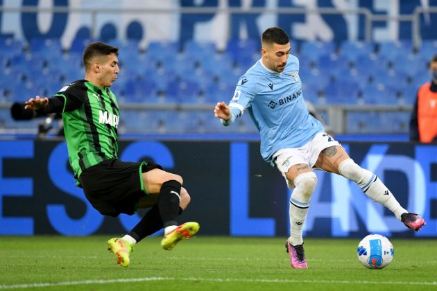 ROME, ITALY - APRIL 02: Mattia Zaccagni of SS Lazio compete for the ball with Matheus Henriquie of US Sassuolo during the Serie A match between SS Lazio and US Sassuolo at Stadio Olimpico on April 02, 2022 in Rome, Italy. (Photo by Marco Rosi - SS Lazio/Getty Images)