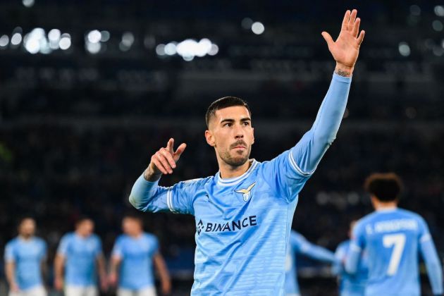 Lazio midfielder Mattia Zaccagni celebrates after scoring his side's second goal during the Italian Serie A football match between Lazio and AC Milan on January 24, 2023 at the Olympic stadium in Rome. (Photo by Andreas SOLARO / AFP) (Photo by ANDREAS SOLARO/AFP via Getty Images)