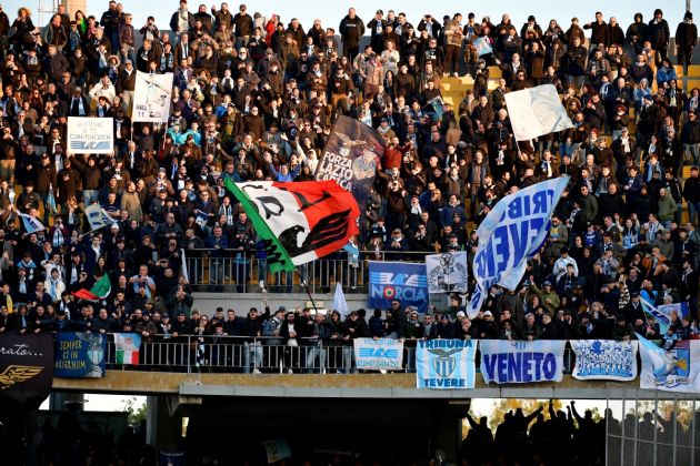 LECCE, ITALY - JANUARY 04: Lazio fans during the Serie A match between US Lecce and SS Lazio at Stadio Via del Mare on January 04, 2023 in Lecce, Italy. (Photo by Marco Rosi - SS Lazio/Getty Images)