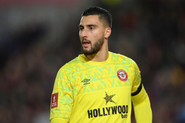 BRENTFORD, ENGLAND - JANUARY 07: Thomas Strakosha of Brentford looks on during the Emirates FA Cup Third Round match between Brentford and West Ham United at Gtech Community Stadium on January 07, 2023 in Brentford, England. (Photo by Mike Hewitt/Getty Images)