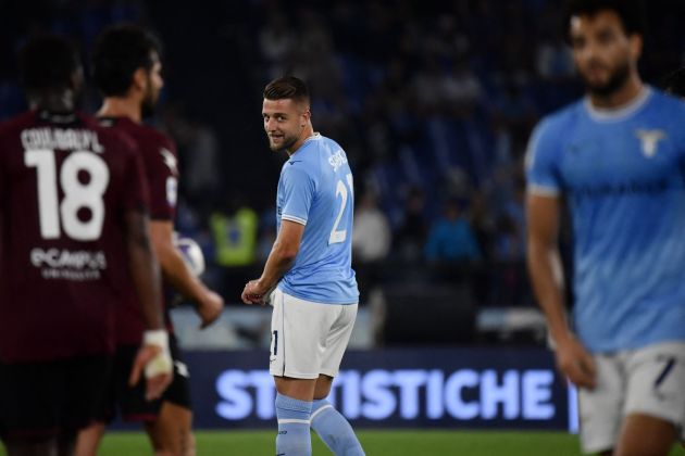 Lazio's Serbian midfielder Sergej Milinkovic-Savic (C) looks on during the Italian Serie A football match between Lazio and Salernitana at the Olympic stadium in Rome on October 30, 2022. - Salernitana won 3-1. (Photo by Filippo MONTEFORTE / AFP) (Photo by FILIPPO MONTEFORTE/AFP via Getty Images)