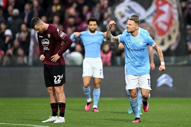 SALERNO, ITALY - FEBRUARY 19: Ciro Immobile of SS Lazio celebrates after scoring the 0-1 goal during the Serie A match between Salernitana and SS Lazio at Stadio Arechi on February 19, 2023 in Salerno, Italy. (Photo by Francesco Pecoraro/Getty Images)