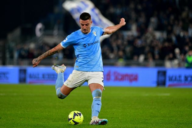 ROME, ITALY - JANUARY 24:Sergej Milinkovic Savic of SS Kazio kicks the ball during the Serie A match between SS Lazio and AC MIlan at Stadio Olimpico on January 24, 2023 in Rome, Italy. (Photo by Marco Rosi - SS Lazio/Getty Images)