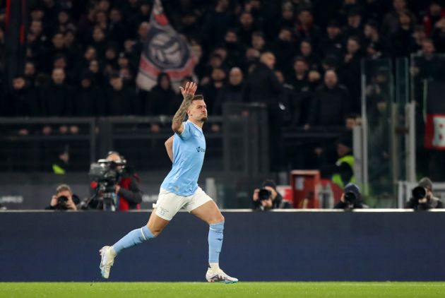 ROME, ITALY - JANUARY 24: Sergej Milinkovic-Savic of SS Lazio celebrates after scoring the team's first goal during the Serie A match between SS Lazio and AC Milan at Stadio Olimpico on January 24, 2023 in Rome, Italy. (Photo by Paolo Bruno/Getty Images)