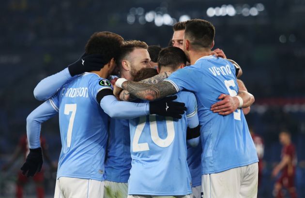 ROME, ITALY - FEBRUARY 16: Ciro Immobile of SS Lazio celebrates with teammates after scoring the team's first goal during the UEFA Europa Conference League knockout round play-off leg one match between SS Lazio and CFR Cluj at Stadio Olimpico on February 16, 2023 in Rome, Italy. (Photo by Paolo Bruno/Getty Images)