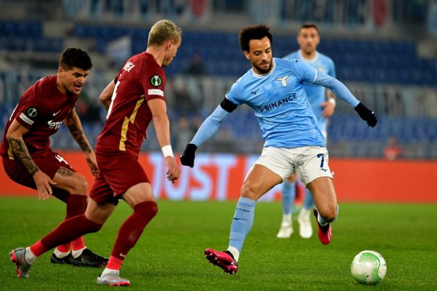 ROME, ITALY - FEBRUARY 16: Felipe Anderson of SS Lazio compete for the ball with CKarlo Muhar of CFR Cluj during the UEFA Europa Conference League knockout round play-off leg one match between SS Lazio and CFR Cluj at Stadio Olimpico on February 16, 2023 in Rome, Italy. (Photo by Marco Rosi/Getty Images)