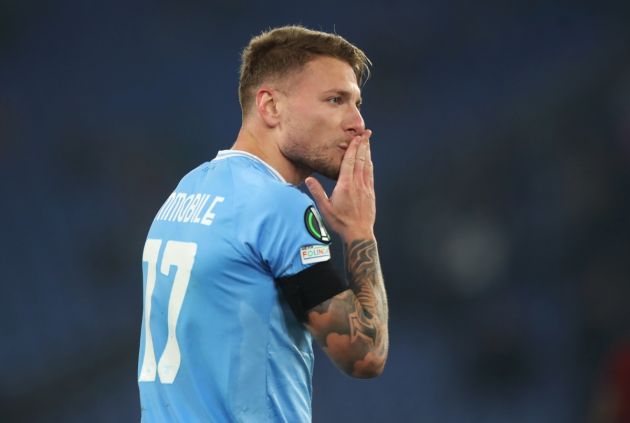 ROME, ITALY - FEBRUARY 16: Ciro Immobile of SS Lazio celebrates after scoring the team's first goal during the UEFA Europa Conference League knockout round play-off leg one match between SS Lazio and CFR Cluj at Stadio Olimpico on February 16, 2023 in Rome, Italy. (Photo by Paolo Bruno/Getty Images)