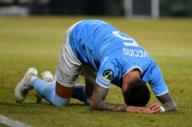 CLUJ-NAPOCA, ROMANIA - FEBRUARY 23: Matias Vecino of SS Lazio reacts during the UEFA Europa Conference League knockout round play-off leg two match between CFR Cluj and SS Lazio at Constantin Radulescu Stadium on February 23, 2023 in Cluj-Napoca, Romania. (Photo by Marco Rosi - SS Lazio/Getty Images)