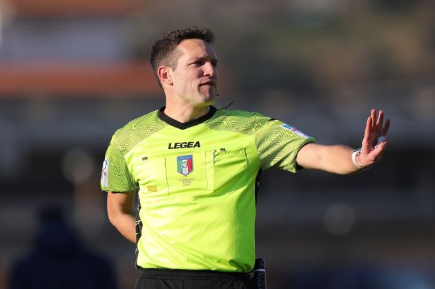 EMPOLI, ITALY - JANAURY 28: Matteo Marcenaro referee gestures during the Serie A match between Empoli FC and Torino FC at Stadio Carlo Castellani on January 28, 2023 in Empoli, Italy. (Photo by Gabriele Maltinti/Getty Images)