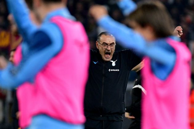 ROME, ITALY - MARCH 19: SS Lazio team Maurizio Sarri celebrates a victory after the Serie A match between SS Lazio and AS Roma at Stadio Olimpico on March 19, 2023 in Rome, Italy. (Photo by Marco Rosi - SS Lazio/Getty Images)