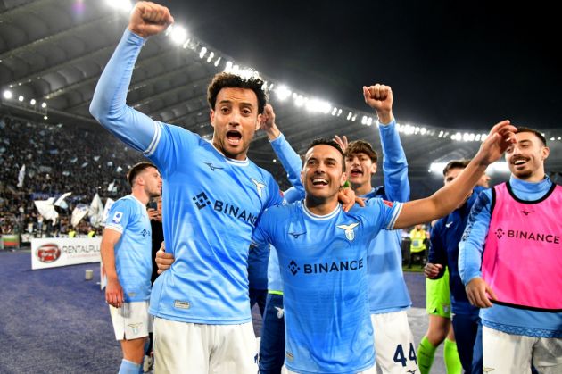 ROME, ITALY - MARCH 19: Felipe Anderson and Pedro Rodriguez of SS Lazio celebrates a victory after the Serie A match between SS Lazio and AS Roma at Stadio Olimpico on March 19, 2023 in Rome, Italy. (Photo by Marco Rosi - SS Lazio/Getty Images)