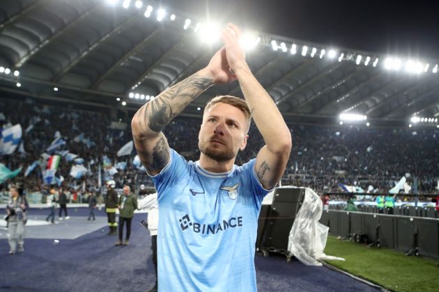 ROME, ITALY - MARCH 19: Ciro Immobile of SS Lazio celebrates following the Serie A match between SS Lazio and AS Roma at Stadio Olimpico on March 19, 2023 in Rome, Italy. (Photo by Paolo Bruno/Getty Images)