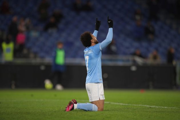 ROME, ITALY - JANUARY 19: Felipe Anderson of SS Lazio celebrates after scoring the opening goal during the the Coppa Italia match between SS Lazio and Bologna at Olimpico Stadium on January 19, 2023 in Rome, Italy. (Photo by Paolo Bruno/Getty Images)
