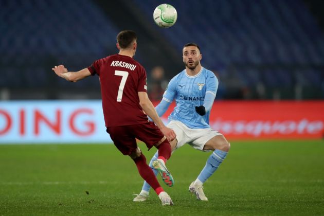 ROME, ITALY - FEBRUARY 16: Ermal Krasniqi of CFR Cluj is challenged by Mario Gila of SS Lazio during the UEFA Europa Conference League knockout round play-off leg one match between SS Lazio and CFR Cluj at Stadio Olimpico on February 16, 2023 in Rome, Italy. (Photo by Paolo Bruno/Getty Images)