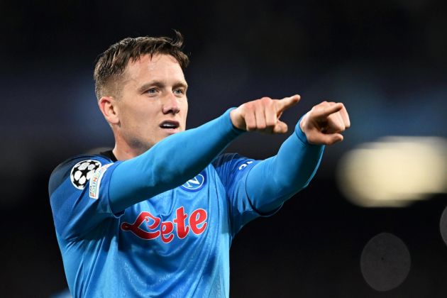 NAPLES, ITALY - MARCH 15: Piotr Zielinski of SSC Napoli celebrates after scoring the team's third goal during the UEFA Champions League round of 16 leg two match between SSC Napoli and Eintracht Frankfurt at Stadio Diego Armando Maradona on March 15, 2023 in Naples, Italy. (Photo by Francesco Pecoraro/Getty Images)