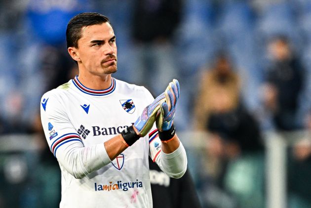 GENOA, ITALY - FEBRUARY 18: Emil Audero of Sampdoria greets the crowd after the Serie A match between UC Sampdoria and Bologna FC at Stadio Luigi Ferraris on February 18, 2023 in Genoa, Italy. (Photo by Simone Arveda/Getty Images)