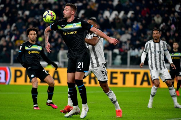 TURIN, ITALY - FEBRUARY 02: Sergej Milinkovic Savic of SS Lazio compete for the ball with Bremer of Juventus during the coppa Italia quarter final match between Juventus v SS Lazio at Allianz Stadium on February 02, 2023 in Turin, Italy. (Photo by Marco Rosi - SS Lazio/Getty Images)