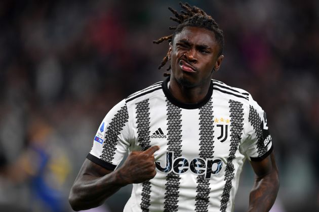 TURIN, ITALY - APRIL 01: Moise Kean of Juventus celebrates after scoring the team's first goal during the Serie A match between Juventus and Hellas Verona at Allianz Stadium on April 01, 2023 in Turin, Italy. (Photo by Valerio Pennicino/Getty Images)