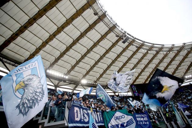 ROME, ITALY - MARCH 19: General view of SS Lazio fans waving flags to show support prior to the Serie A match between SS Lazio and AS Roma at Stadio Olimpico on March 19, 2023 in Rome, Italy. (Photo by Paolo Bruno/Getty Images