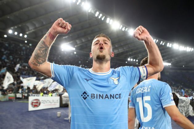 ROME, ITALY - MARCH 19: Sergej Milinkovic-Savic of SS Lazio celebrates following the Serie A match between SS Lazio and AS Roma at Stadio Olimpico on March 19, 2023 in Rome, Italy. (Photo by Paolo Bruno/Getty Images)