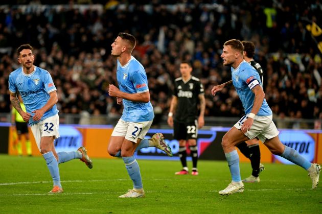 ROME, ITALY - APRIL 08: Sergej Milinkovic Savic of SS Lazio celebrates a opening goal with his team mates during the Serie A match between SS Lazio and Juventus at Stadio Olimpico on April 08, 2023 in Rome, Italy. (Photo by Marco Rosi - SS Lazio/Getty Images)