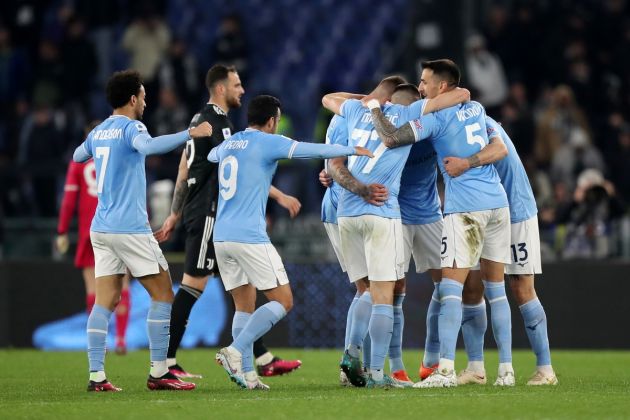 ROME, ITALY - APRIL 08: Players of SS Lazio celebrate following their sides victory after the Serie A match between SS Lazio and Juventus at Stadio Olimpico on April 08, 2023 in Rome, Italy. (Photo by Paolo Bruno/Getty Images)