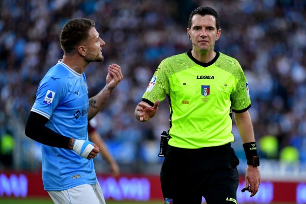 ROME, ITALY - APRIL 22: The protests of the SS Lazio players against the referee Davide Ghersini during the Serie A match between SS Lazio and Torino FC at Stadio Olimpico on April 22, 2023 in Rome, Italy. (Photo by Marco Rosi - SS Lazio/Getty Images)