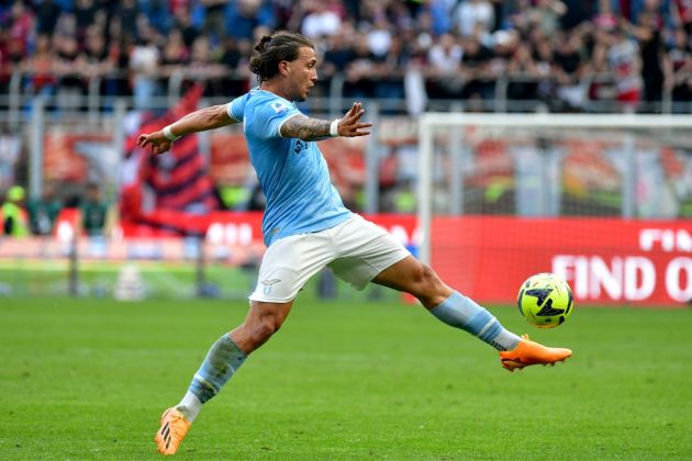 MILAN, ITALY - MAY 06: Luca Pellegrini of SS Lazio controls the ball during the Serie A match between AC MIlan and SS Lazio at Stadio Giuseppe Meazza on May 06, 2023 in Milan, Italy. (Photo by Marco Rosi - SS Lazio/Getty Images)
