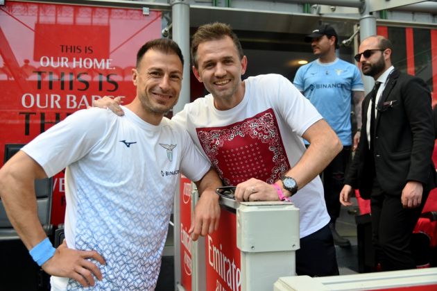 MILAN, ITALY - MAY 06: Stefan Radu and Senad Lulic of SS Lazio pose for a photo prior the Serie A match between AC MIlan and SS Lazio at Stadio Giuseppe Meazza on May 06, 2023 in Milan, Italy. (Photo by Marco Rosi - SS Lazio/Getty Images)