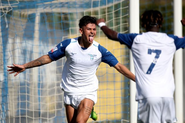 ROME, ITALY - MARCH 18: Diego Gonzalez Alcaraz and Mango Sana Fernandes of SS Lazio U19 celebrates after scoring the opening goal during the Primavera 2 match between SS Lazio U19 and Pisa U19 at Formello sport centre on March 18, 2023 in Rome, Italy. (Photo by Paolo Bruno/Getty Images)