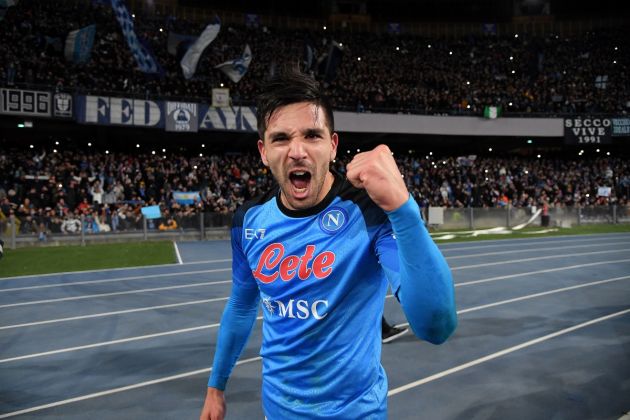 NAPLES, ITALY - JANUARY 29: Giovanni Simeone of SSC Napoli celebrates the victory after the Serie A match between SSC Napoli and AS Roma at Stadio Diego Armando Maradona on January 29, 2023 in Naples, Italy. (Photo by Francesco Pecoraro/Getty Images)