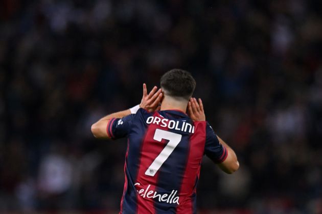 BOLOGNA, ITALY - APRIL 30: Riccardo Orsolini of Bologna FC celebrates after scoring the opening goal during the Serie A match between Bologna FC and Juventus at Stadio Renato Dall'Ara on April 30, 2023 in Bologna, Italy. (Photo by Alessandro Sabattini/Getty Images)
