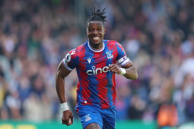 LONDON, ENGLAND - APRIL 29: Wilfried Zaha of Crystal Palace celebrates after scoring the team's second goal during the Premier League match between Crystal Palace and West Ham United at Selhurst Park on April 29, 2023 in London, England. (Photo by Tom Dulat/Getty Images)