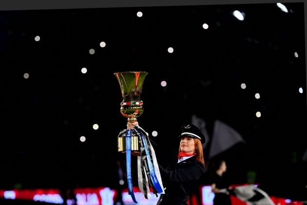 A hostess brings the winner's trophy prior to the Italian Cup (Coppa Italia) final football match between Juventus and Inter on May 11, 2022 at the Olympic stadium in Rome. (Photo by Isabella BONOTTO / AFP) (Photo by ISABELLA BONOTTO/AFP via Getty Images) - Lazio vs Juventus