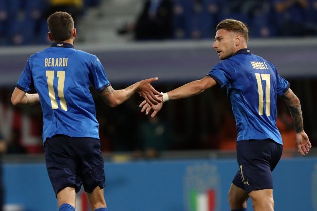BOLOGNA, ITALY - JUNE 04: Domenico Berardi (L) of Italy celebrates his goal with his team-mate Ciro Immobile (R) during the international friendly match between Italy and Czech Republic at on June 04, 2021 in Bologna, Italy. (Photo by Marco Luzzani/Getty Images)