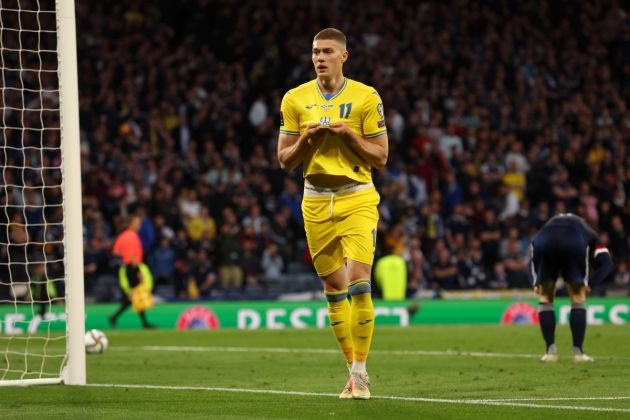 GLASGOW, SCOTLAND - JUNE 01: Artem Dovbyk of Ukraine celebrates after scoring their team's third goal during the FIFA World Cup Qualifier match between Scotland and Ukraine at Hampden Park on June 01, 2022 in Glasgow, Scotland. (Photo by Ian MacNicol/Getty Images)