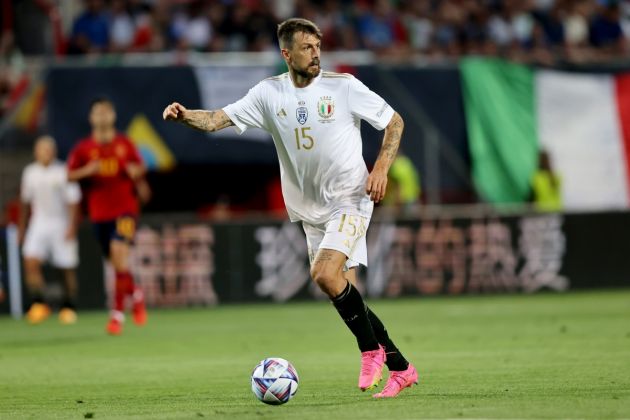 ENSCHEDE, NETHERLANDS - JUNE 15: Francesco Acerbi of Italy runs with the ball during the UEFA Nations League 2022/23 semifinal match between Spain and Italy at FC Twente Stadium on June 15, 2023 in Enschede, Netherlands. (Photo by Christof Koepsel/Getty Images)