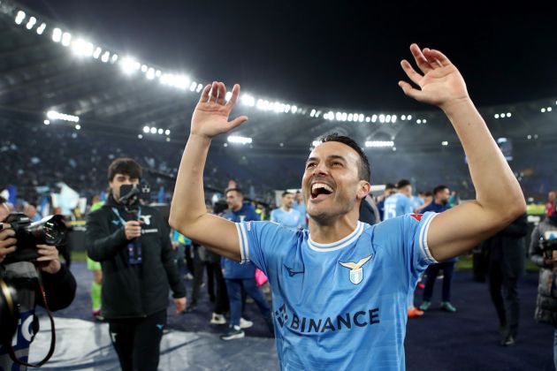 ROME, ITALY - MARCH 19: Pedro of SS Lazio celebrates following the Serie A match between SS Lazio and AS Roma at Stadio Olimpico on March 19, 2023 in Rome, Italy. (Photo by Paolo Bruno/Getty Images)