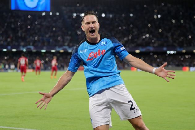 NAPLES, ITALY - SEPTEMBER 07: Piotr Zielinski of SSC Napoli celebrates after scoring their team's fourth goal during the UEFA Champions League group A match between SSC Napoli and Liverpool FC at Stadio Diego Armando Maradona on September 07, 2022 in Naples, Italy. (Photo by Francesco Pecoraro/Getty Images)