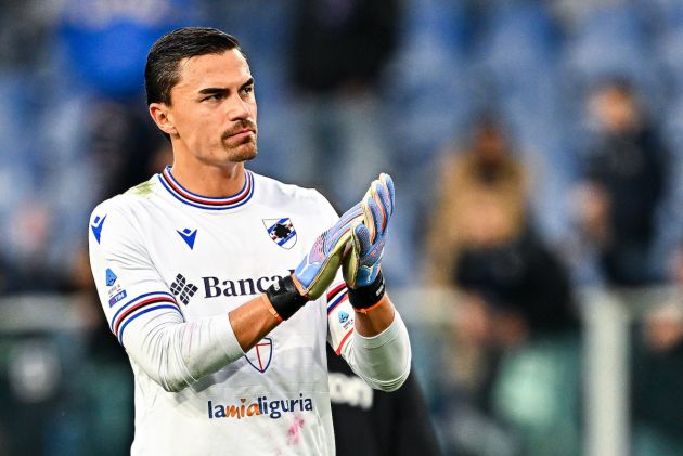 GENOA, ITALY - FEBRUARY 18: Emil Audero of Sampdoria greets the crowd after the Serie A match between UC Sampdoria and Bologna FC at Stadio Luigi Ferraris on February 18, 2023 in Genoa, Italy. (Photo by Simone Arveda/Getty Images)