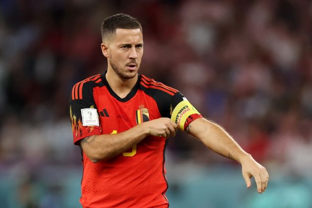DOHA, QATAR - DECEMBER 01: Eden Hazard of Belgium puts on the 'Protect Children' captains armband during the FIFA World Cup Qatar 2022 Group F match between Croatia and Belgium at Ahmad Bin Ali Stadium on December 01, 2022 in Doha, Qatar. (Photo by Francois Nel/Getty Images)