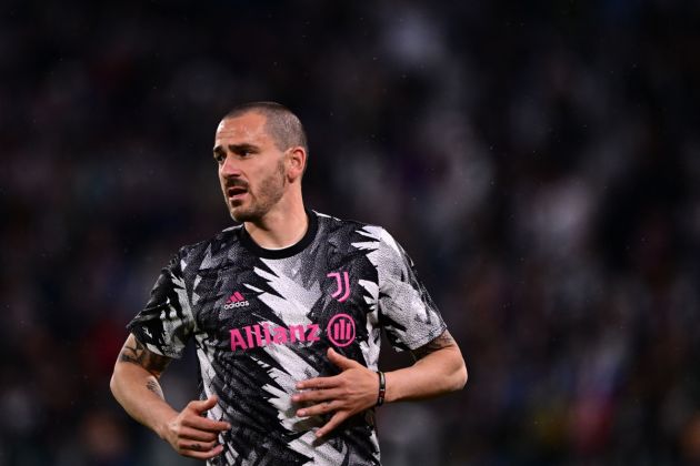 Juventus defender Leonardo Bonucci warms up prior to the UEFA Europa League semi-final first leg football match between Juventus and Sevilla on May 11, 2023 at the Juventus stadium in Turin. (Photo by Marco BERTORELLO / AFP) (Photo by MARCO BERTORELLO/AFP via Getty Images)